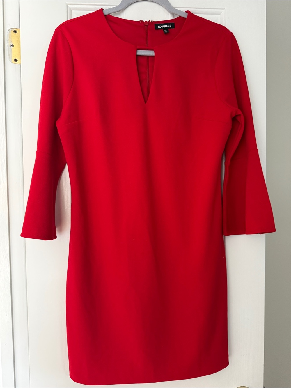 Express Red Keyhole Shift Dress with Bell Sleeves-Medium
